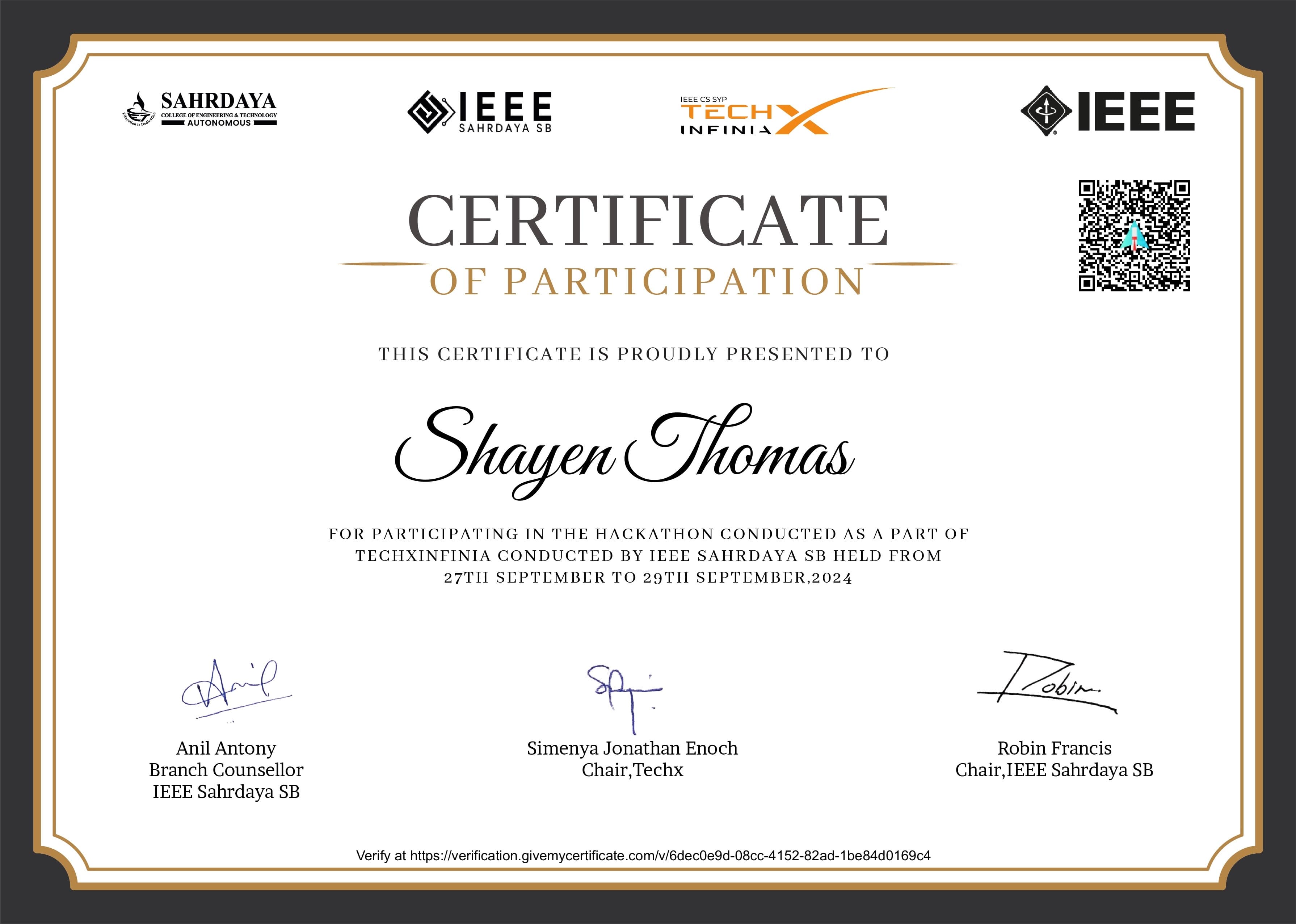 Shayen Thomas - TechXInfinia Hackathon 2024