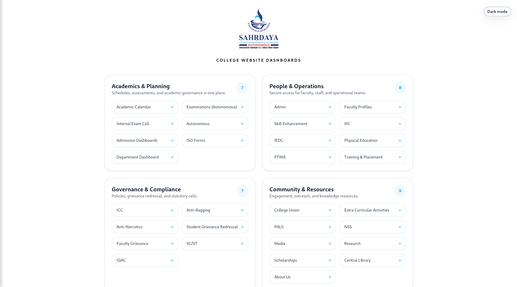 Sahrdaya College Website Dashboard
