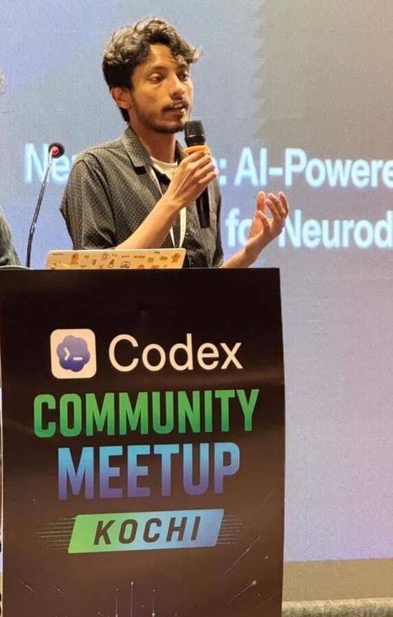 Shayen Thomas presenting NeuroLearn AI at Codex Community Meetup Kochi
